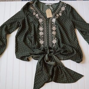 NWT Blu Pepper Tie Front Blouse Boho Sz L